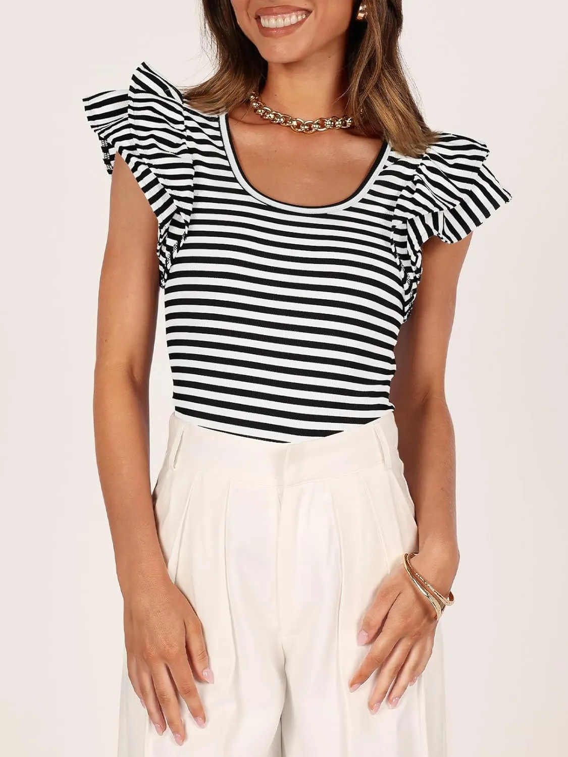 ZESICA Women's Ruffle Short Sleeve Striped T Shirts Summer Scoop Neck Slim Fitted Causal Basic Tee Tops