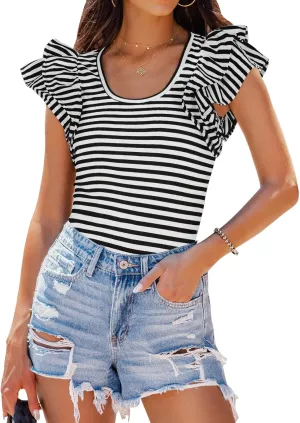 ZESICA Women's Ruffle Short Sleeve Striped T Shirts Summer Scoop Neck Slim Fitted Causal Basic Tee Tops