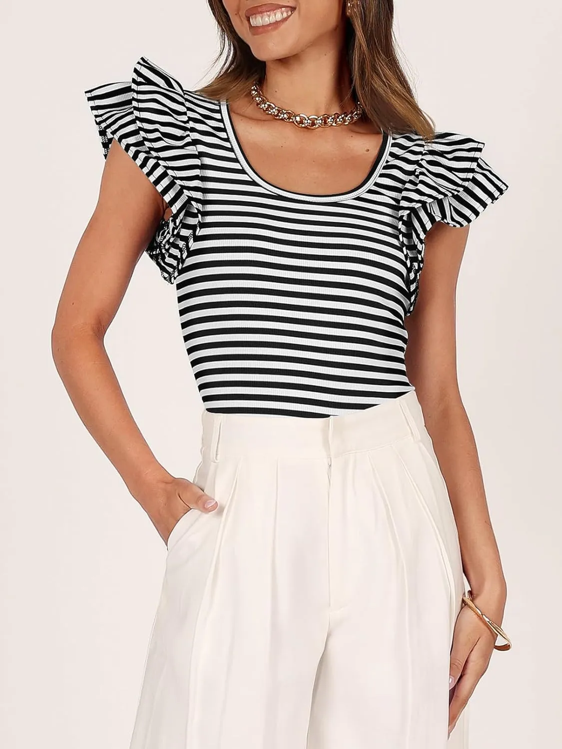 ZESICA Women's Ruffle Short Sleeve Striped T Shirts Summer Scoop Neck Slim Fitted Causal Basic Tee Tops