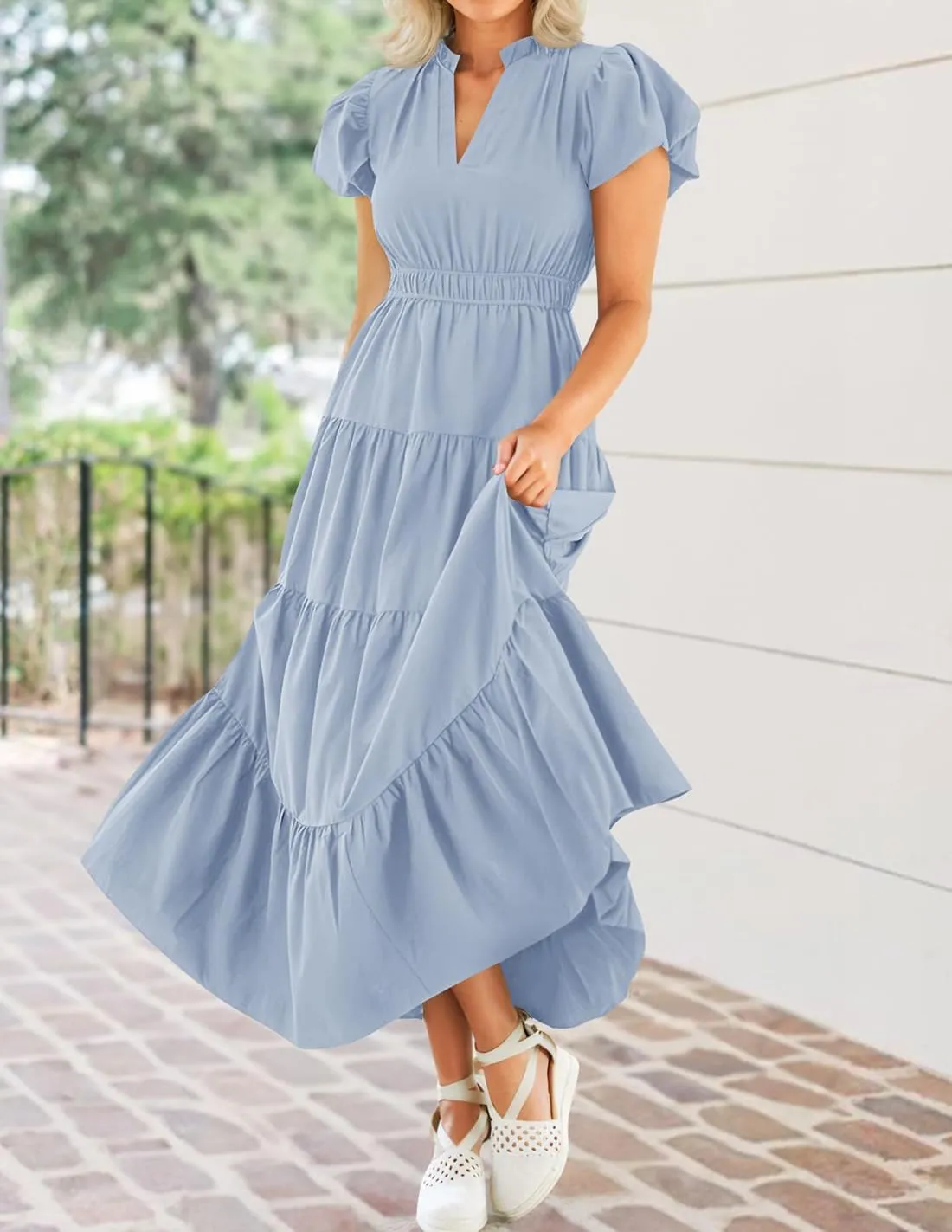 ZESICA Women's Summer Casual Maxi Dress 2025 Puff Short Sleeve V Neck Ruffle Tiered Flowy Boho Beach Dresses