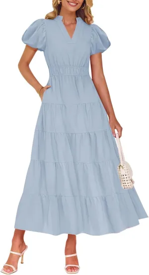 ZESICA Women's Summer Casual Maxi Dress 2025 Puff Short Sleeve V Neck Ruffle Tiered Flowy Boho Beach Dresses