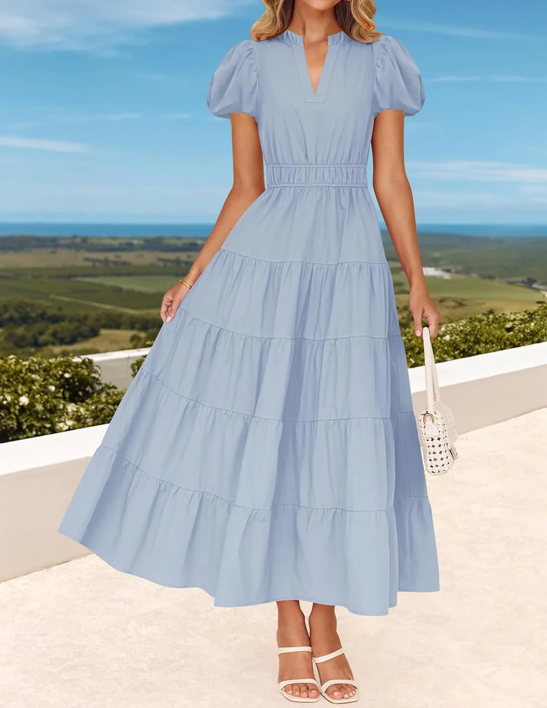 ZESICA Women's Summer Casual Maxi Dress 2025 Puff Short Sleeve V Neck Ruffle Tiered Flowy Boho Beach Dresses