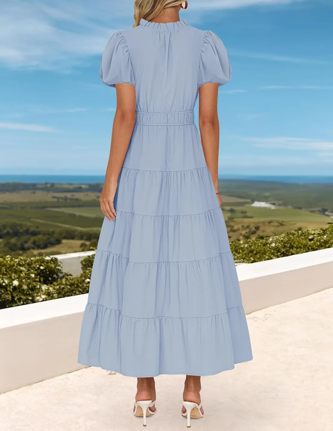 ZESICA Women's Summer Casual Maxi Dress 2025 Puff Short Sleeve V Neck Ruffle Tiered Flowy Boho Beach Dresses