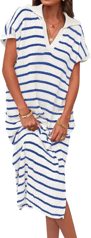 ZESICA Women's Summer Striped Midi Dress 2025 Casual Short Sleeve V Neck Loose Knitted Side Slit Long Sweater Dresses
