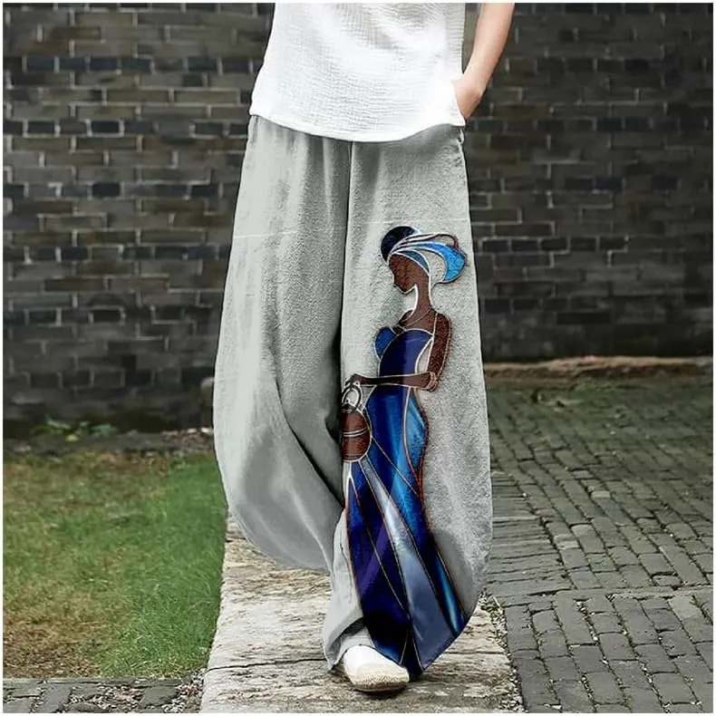 ZOCAVIA Womens Aztec Print Lantern Pants Western Causal Cotton Linen Wide Leg Pants Waist Elastic Hippie Trouser with Pockets