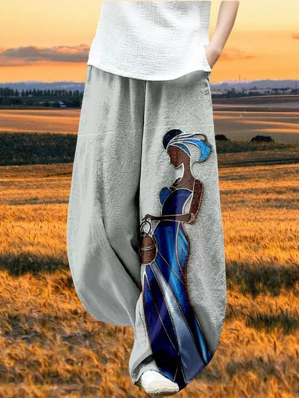 ZOCAVIA Womens Aztec Print Lantern Pants Western Causal Cotton Linen Wide Leg Pants Waist Elastic Hippie Trouser with Pockets