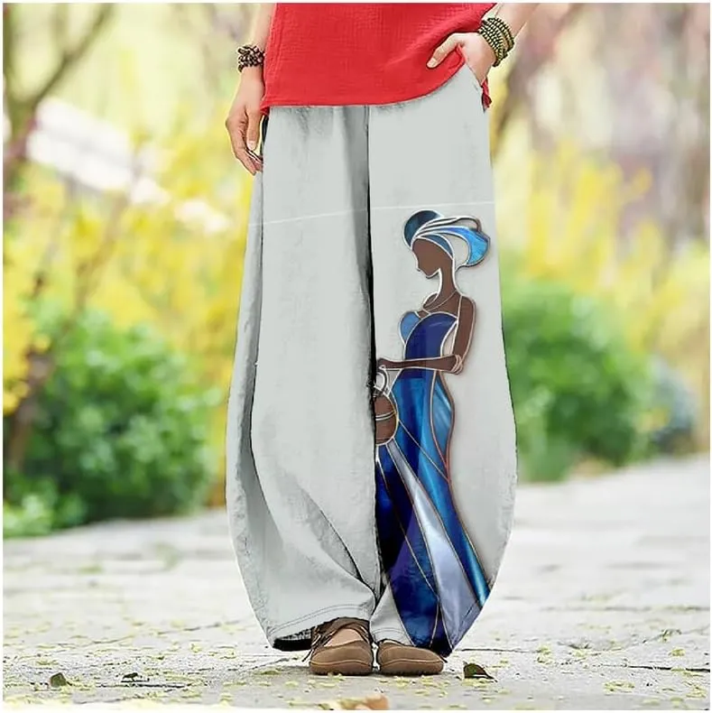 ZOCAVIA Womens Aztec Print Lantern Pants Western Causal Cotton Linen Wide Leg Pants Waist Elastic Hippie Trouser with Pockets