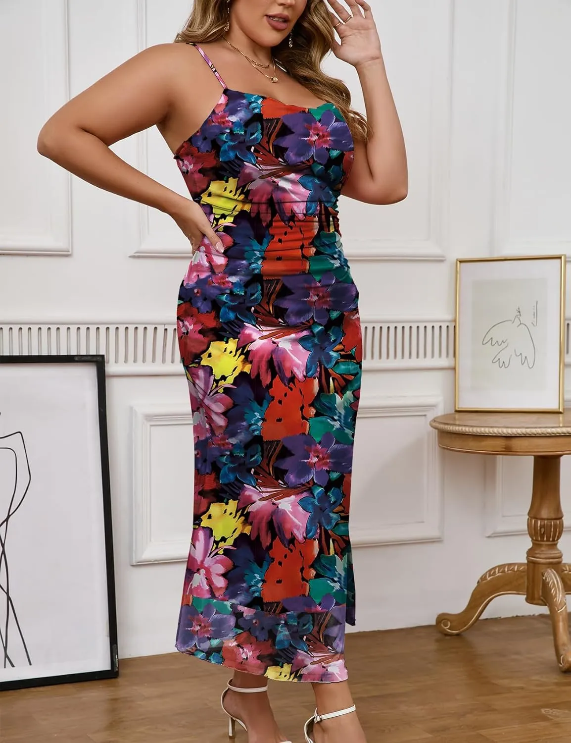 ZOMVA 0X-4X Plus Size Ruched Mesh Dress Floral Bodycon Sleeveless Cami Dress Cocktail Pary Dating Winery