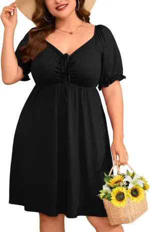 ZOMVA 2025 Plus Size Dress for Curvy Women Tie Front Sweetheart Neck Puff Short Sleeve Swing A Line Midi