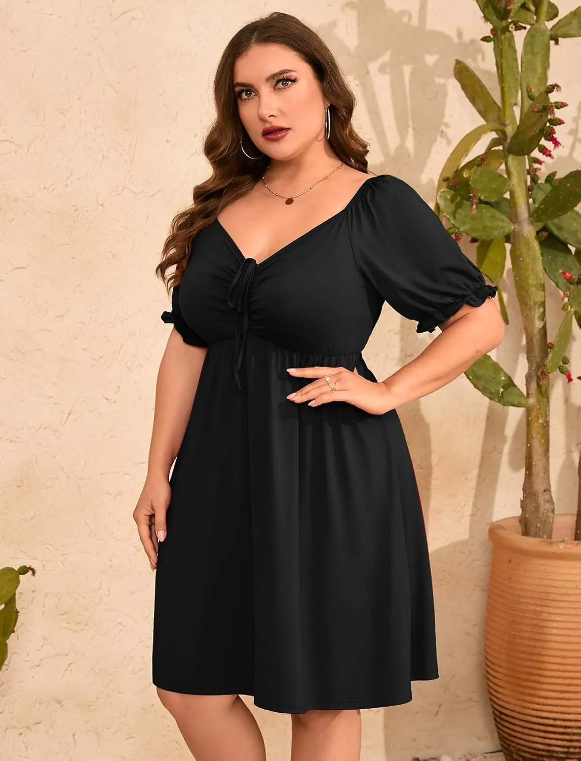 ZOMVA 2025 Plus Size Dress for Curvy Women Tie Front Sweetheart Neck Puff Short Sleeve Swing A Line Midi