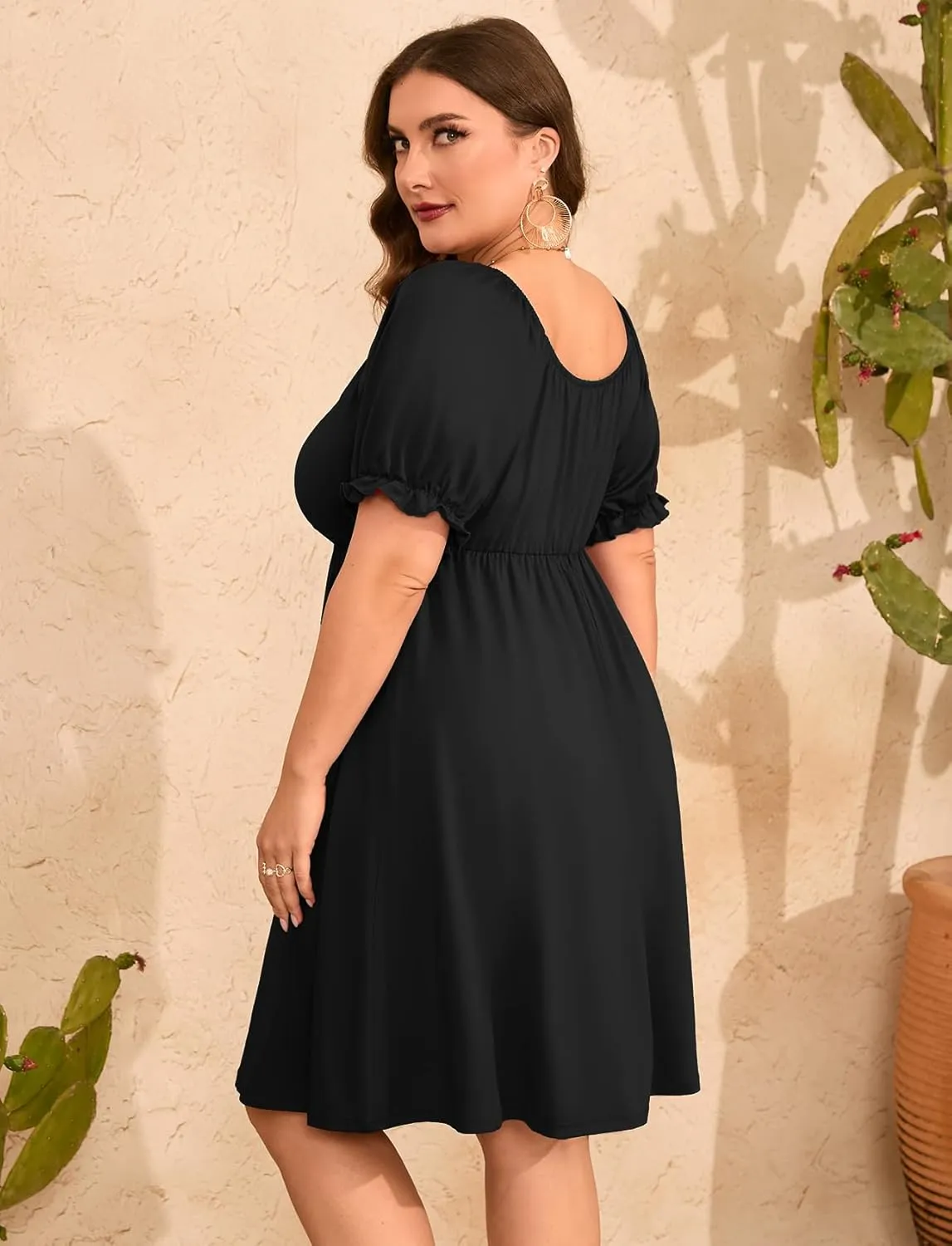 ZOMVA 2025 Plus Size Dress for Curvy Women Tie Front Sweetheart Neck Puff Short Sleeve Swing A Line Midi