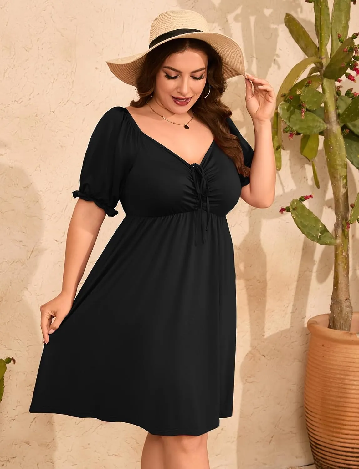 ZOMVA 2025 Plus Size Dress for Curvy Women Tie Front Sweetheart Neck Puff Short Sleeve Swing A Line Midi
