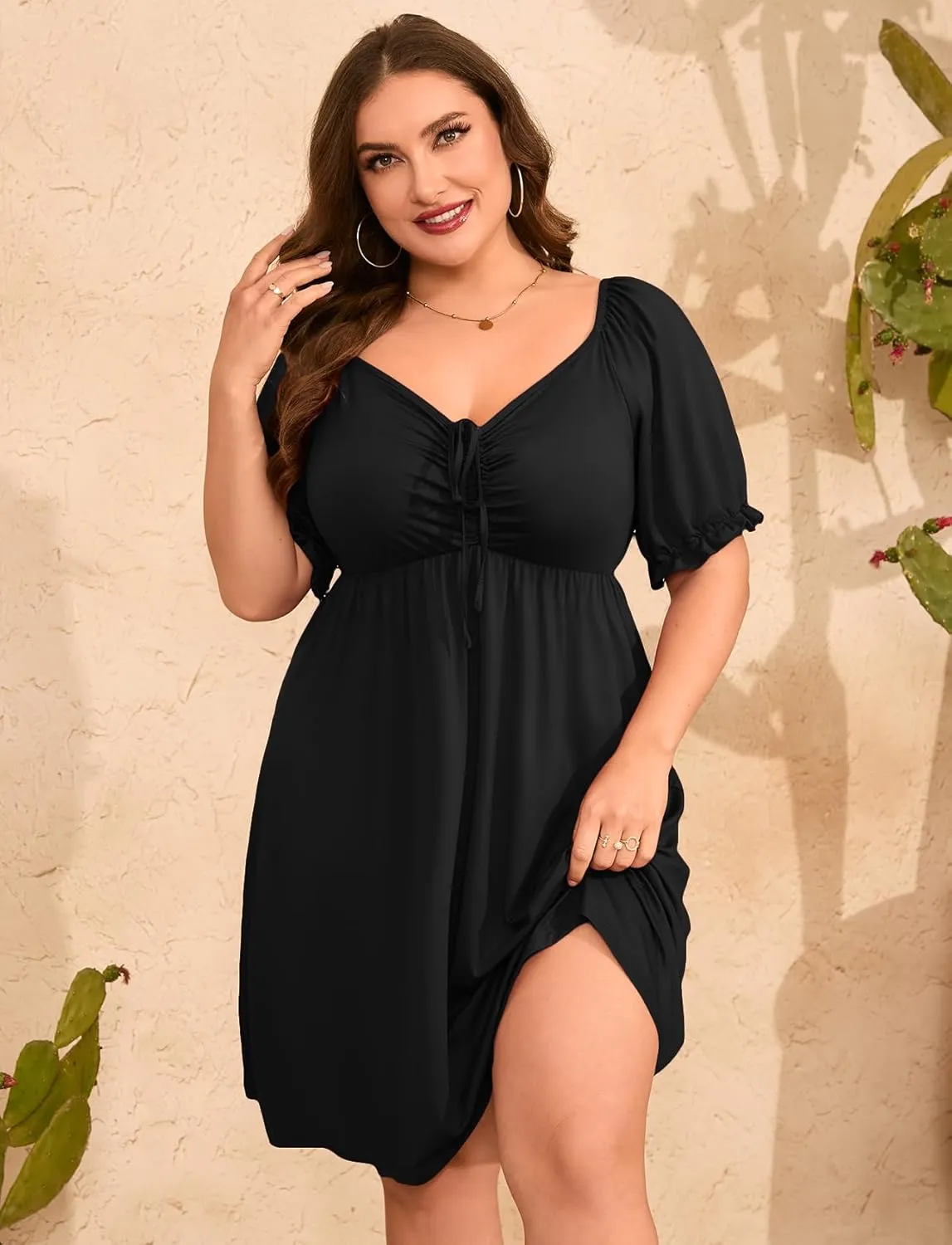 ZOMVA 2025 Plus Size Dress for Curvy Women Tie Front Sweetheart Neck Puff Short Sleeve Swing A Line Midi