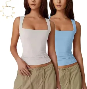 Zovara Tank Top, Zovara - Snatched Square Neck Double Layered Tank Top, Women's Sleeveless Double-Layer T Shirts